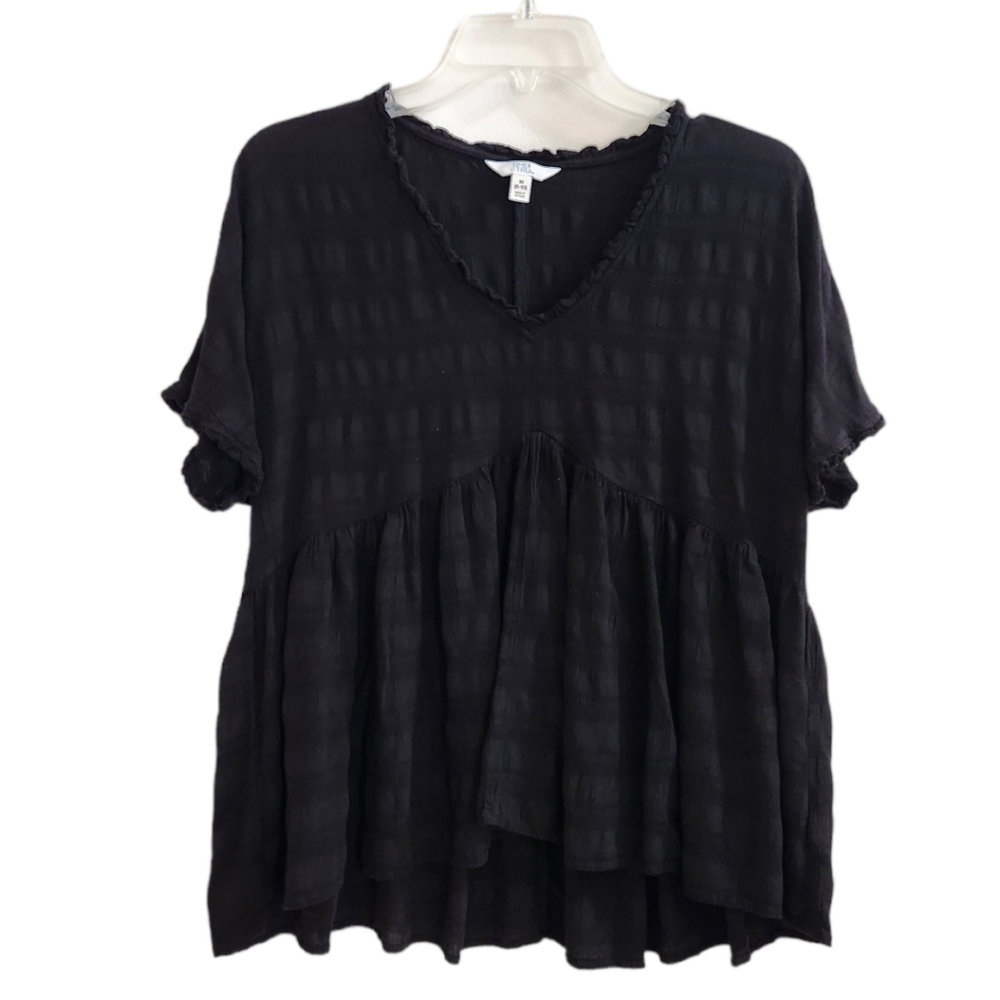 Time & Tru BabyDoll Blouse Top Scoop Neck Short Sleeve Black Size M 8-10